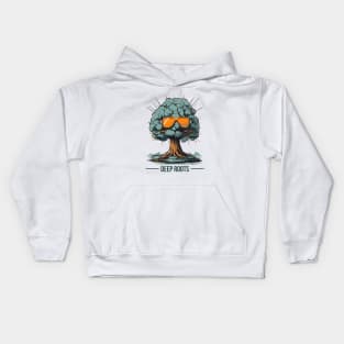 Animated tree with leafy glasses and text "deep roots" Kids Hoodie